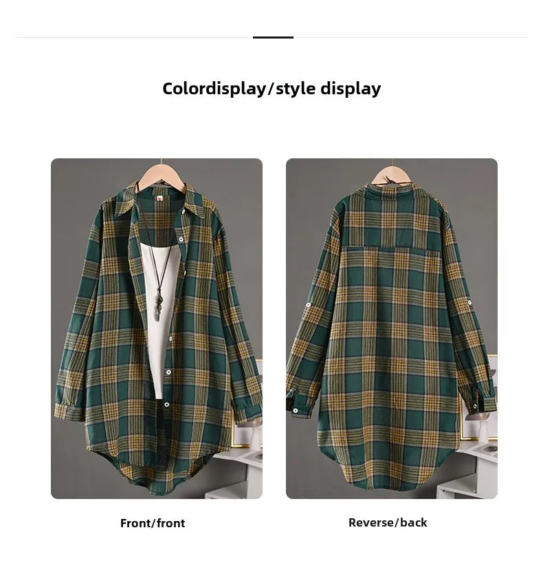 Women's Lightweight Cotton Linen Plaid Shirt Mid-Length Loose Jacket with Sun Protection for Spring and Summer Outerwear