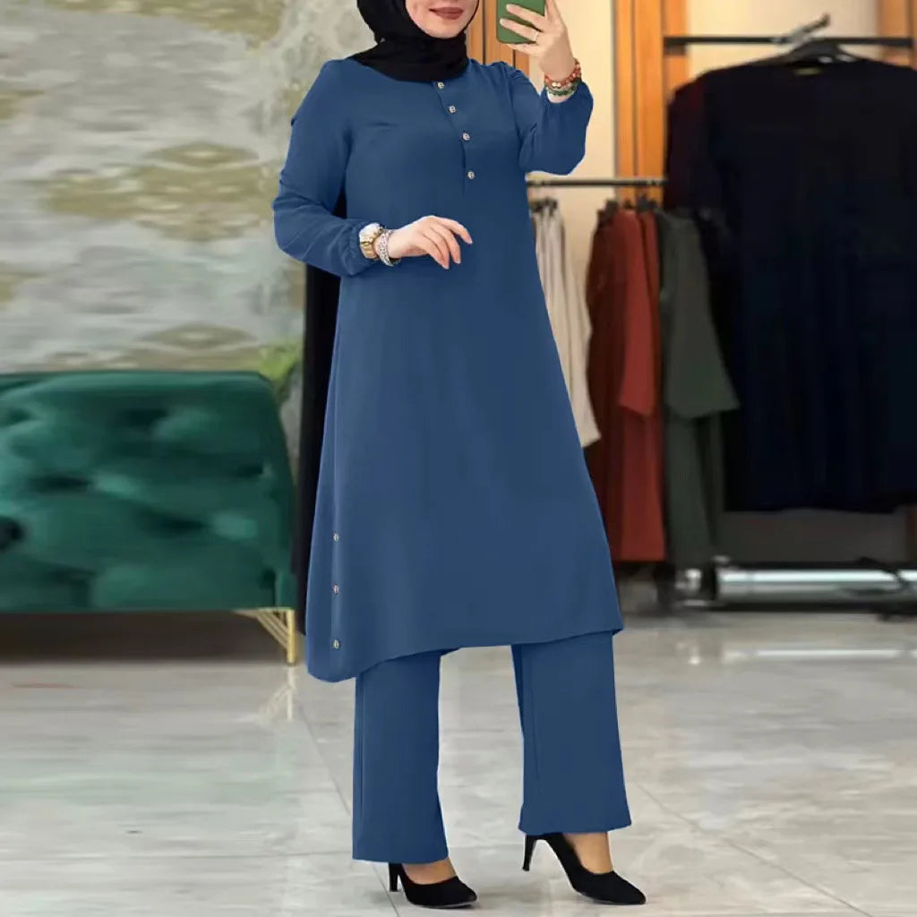 Women's Elegant Two Piece Muslim Abaya Set with Irregular Long Shirt and Wide Leg Pants