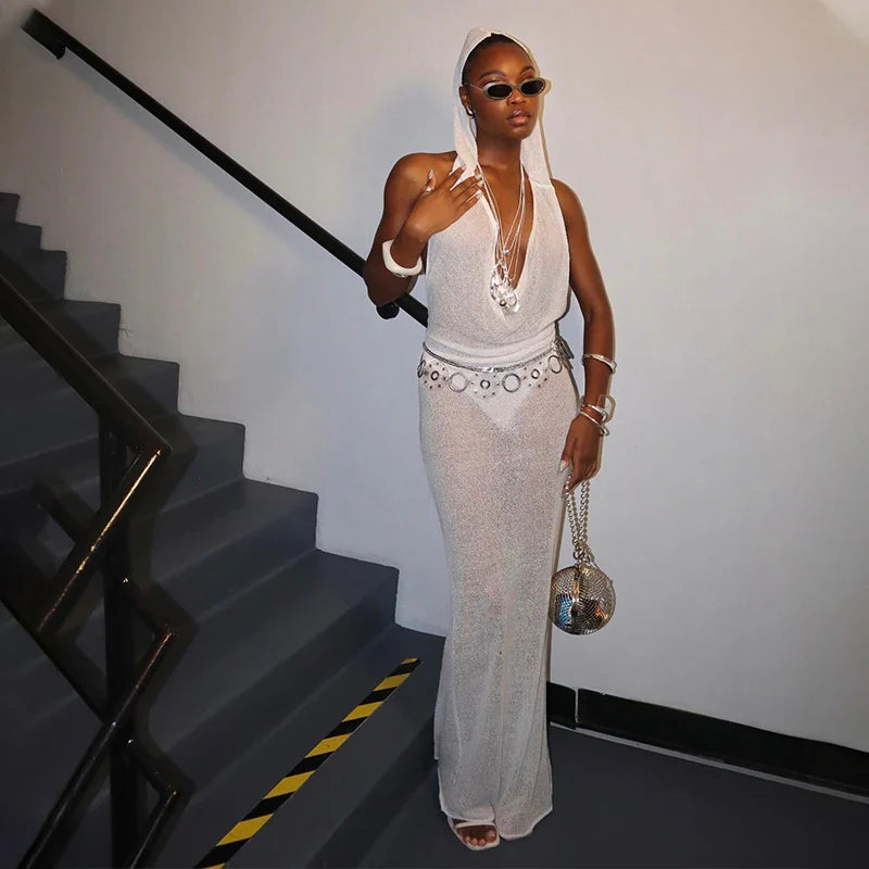 Sleeveless Hooded Dress Slimming Swing Neck Solid Color Long