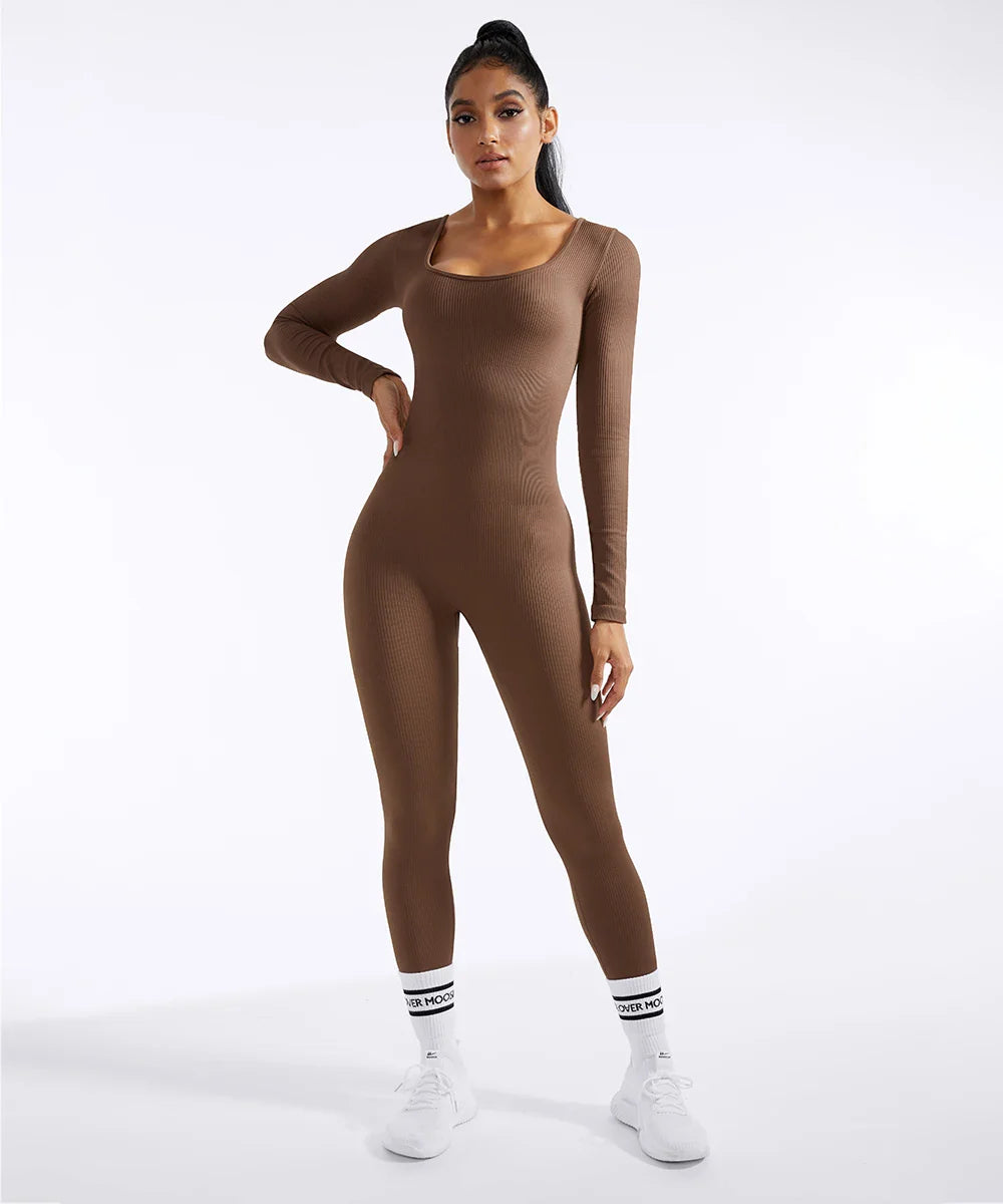Bodycon Slim Fit Zipper Jumpsuit for Women Casual Brown Fitness Romper Streetwear Playsuit Overall