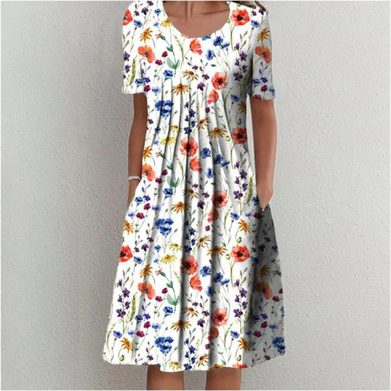 Elegant Swing Dress Round Neck Short Sleeve Printed