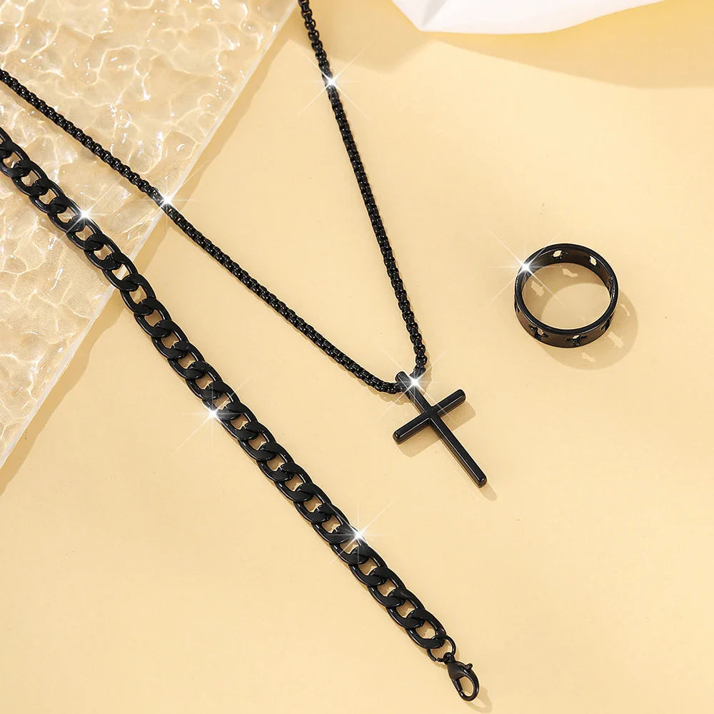 Men's Hip Hop Stainless Steel Cross Pendant Necklace Bracelet Ring Set