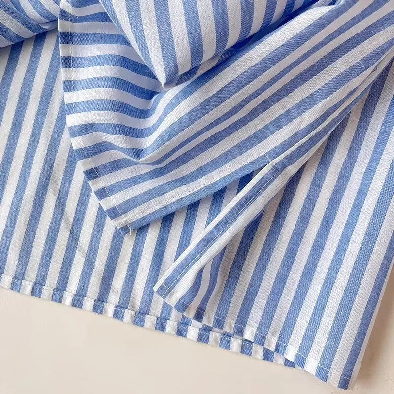 Women's Blue Pure Linen Striped Shirt Comfortable Casual Commuting Top Spring Autumn Lightweight Blouse