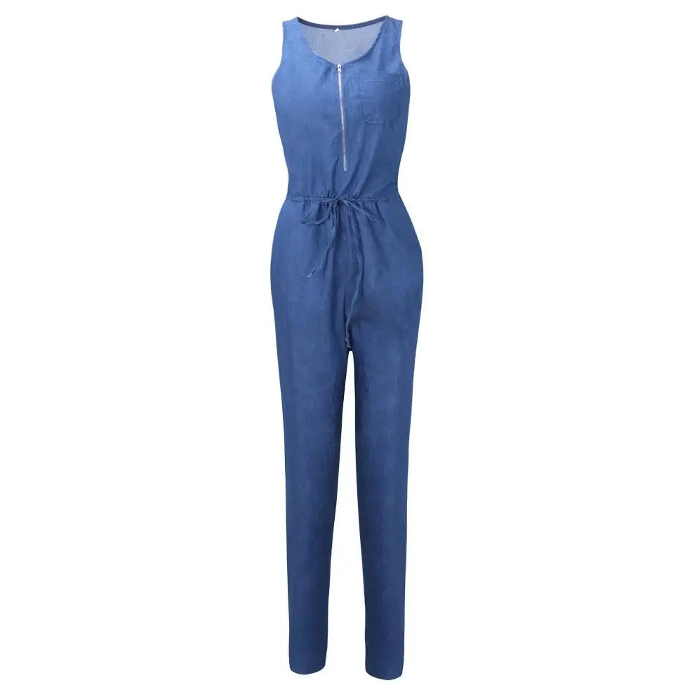Womens Sleeveless Denim Jumpsuit Waist-Cinching Romper with Long Pants Stylish Summer Outfit