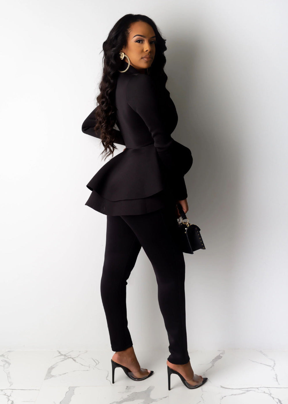 Women Winter Two Piece Tracksuit Set with Ruffled Blazer and Pencil Pants for Office Wear