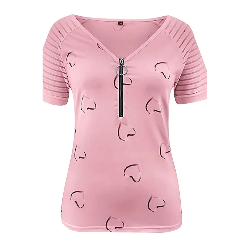 Womens Casual Zipper Short Sleeve V Neck Loose T Shirt