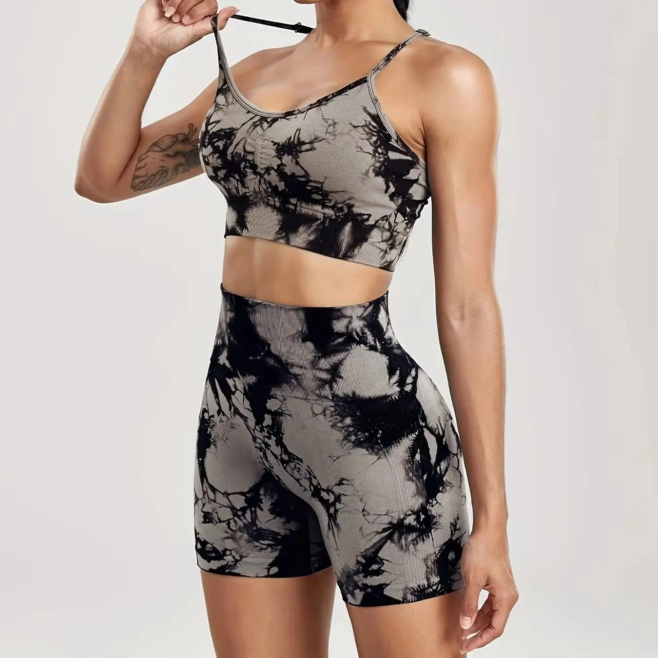 2-Piece Women Tie-Dye Sports Shorts and Crop Top Set Breathable Athletic Workout Gym Outfit Perfect for Yoga Fitness and Biking