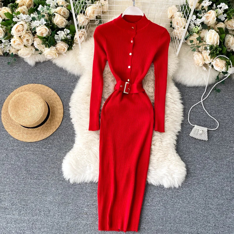 Womens Winter Knitted Dress Stand Collar With Sash Belt
