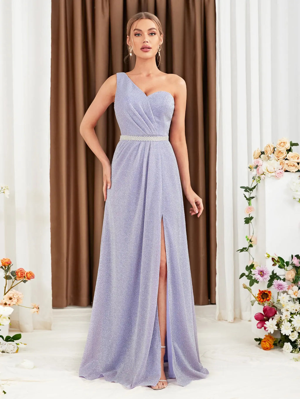 Bridesmaid Dress With Slit Waist Belt For Wedding Occasions