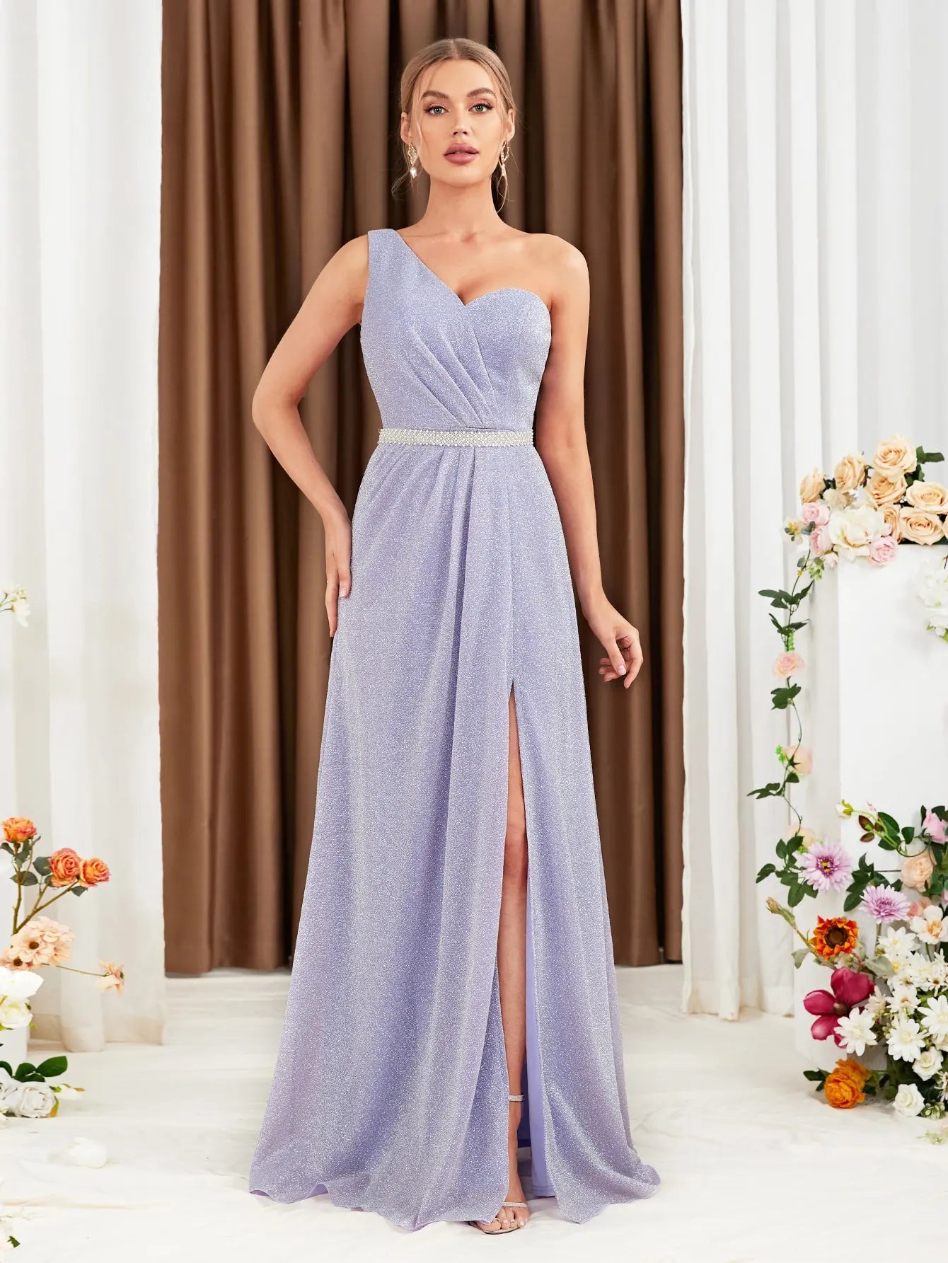 Bridesmaid Dress With Slit Waist Belt For Wedding Occasions