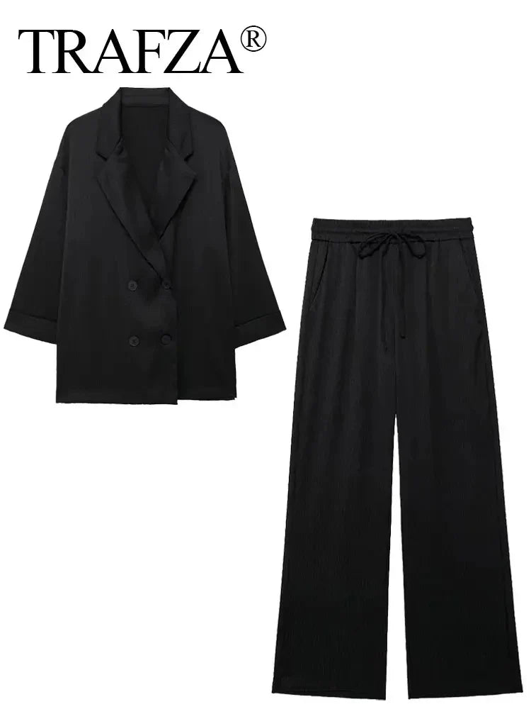 Elegant Women Blazer Pant Suit Set with Wrinkle Effect Double Breasted Long Sleeve Coat and Straight Trouser for Office Wear