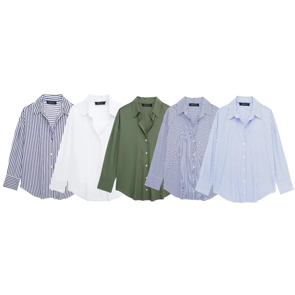 Women's Casual Striped Single Breasted Long Sleeve Lapel Blouse Elegant Solid Color Office Shirt Chic Top