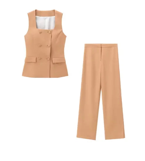 Women Two Piece Wide Leg Pant Set for Office Style with Vest Top and Split Straight Leg Pants