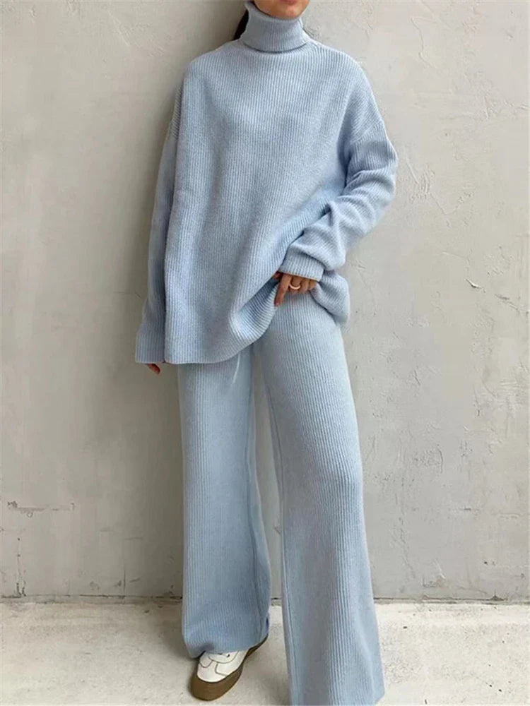 Knitted Tracksuit Set for Women with Turtleneck Sweater and Wide Leg Jogging Pants Pullover Suit