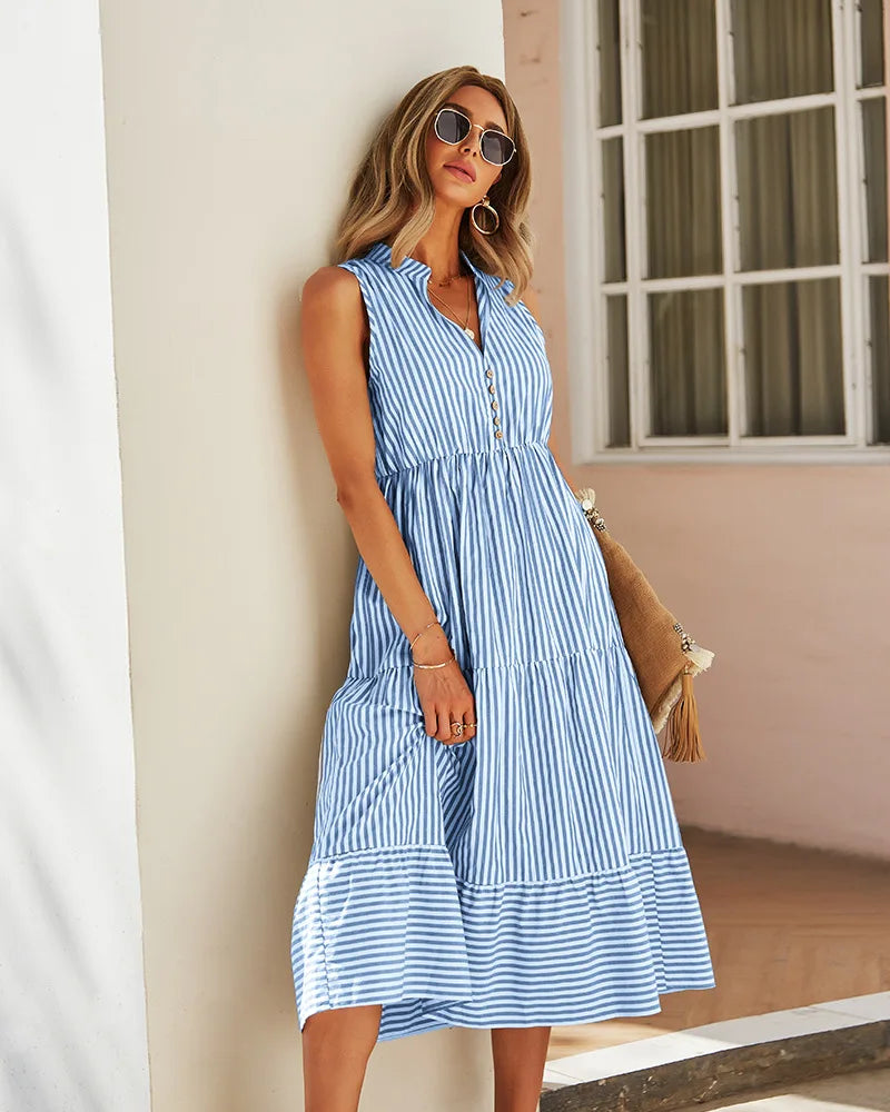 Striped Shirt Dress Women Sleeveless V Neck A Line Casual