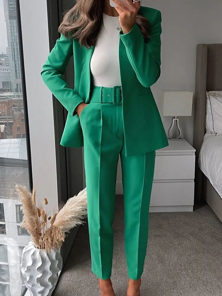 Women's Solid Color Office Suit Coat and High Waist Ankle-Length Pants Set
