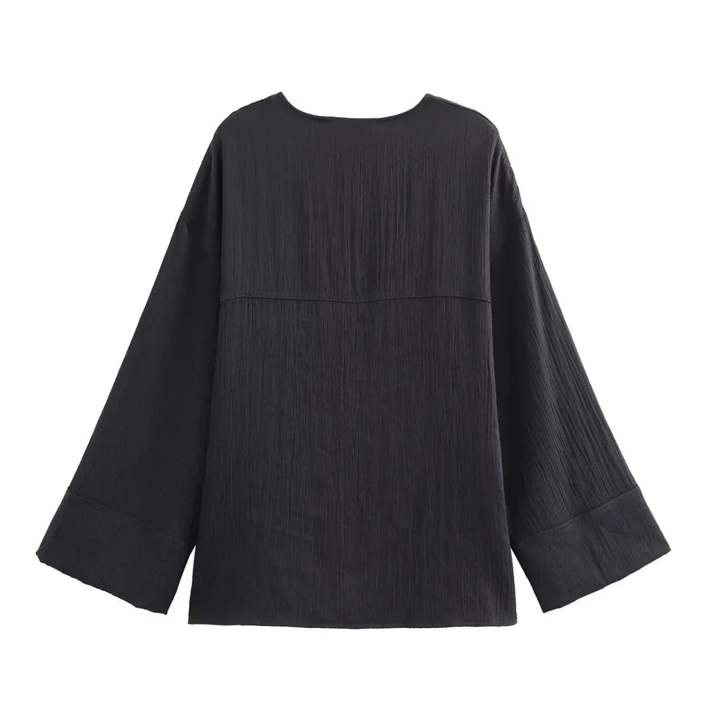 Women's Fashion Casual V-neck Long Sleeve Lace Coat and Wide Leg Pants Set