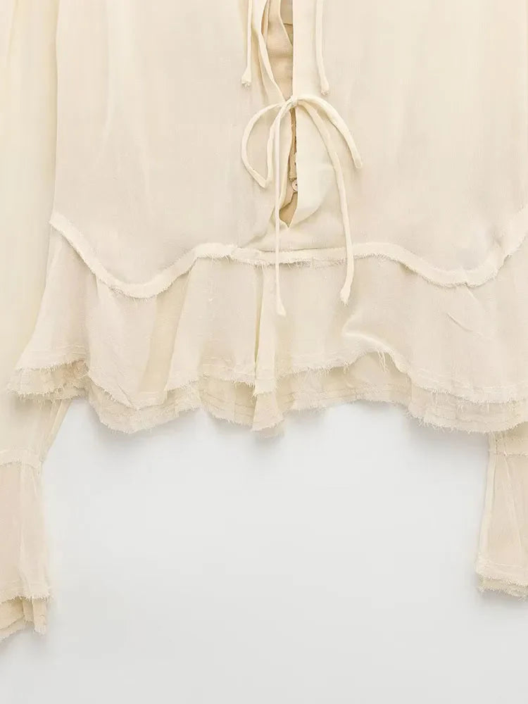 Women's Summer Chiffon Blouse with O-Neck Drawstring Bow Elegant Lightweight Thin Top