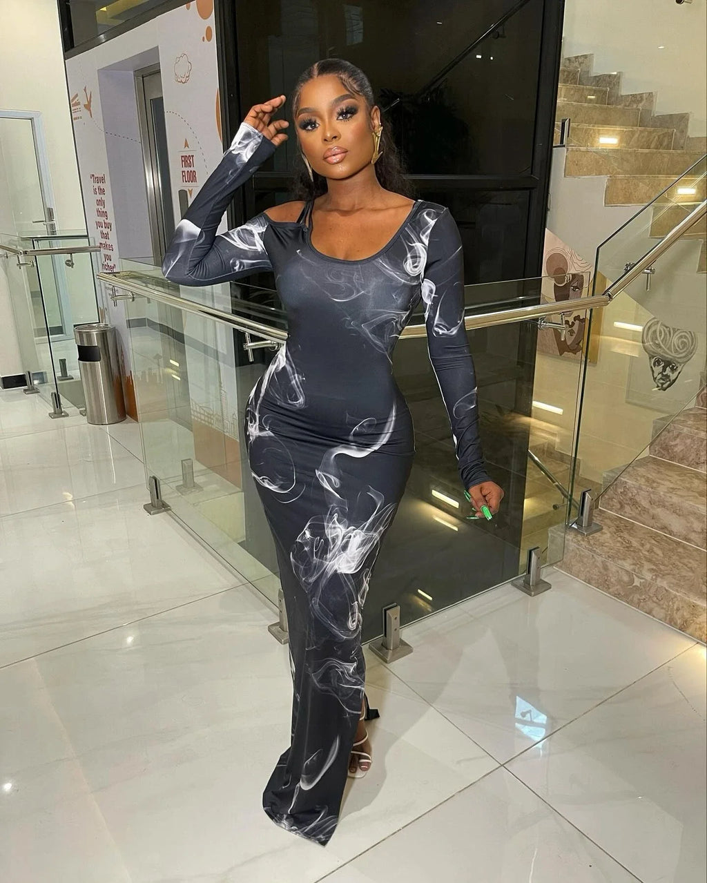 Women's Long Sleeve Printed Mesh Midi Dress Round Neck