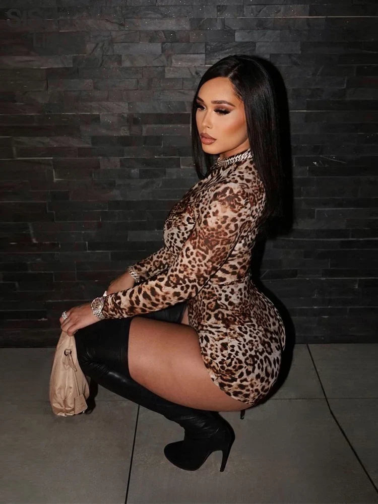 Girls Leopard Print Milk Silk Mini Dress With Long Sleeve