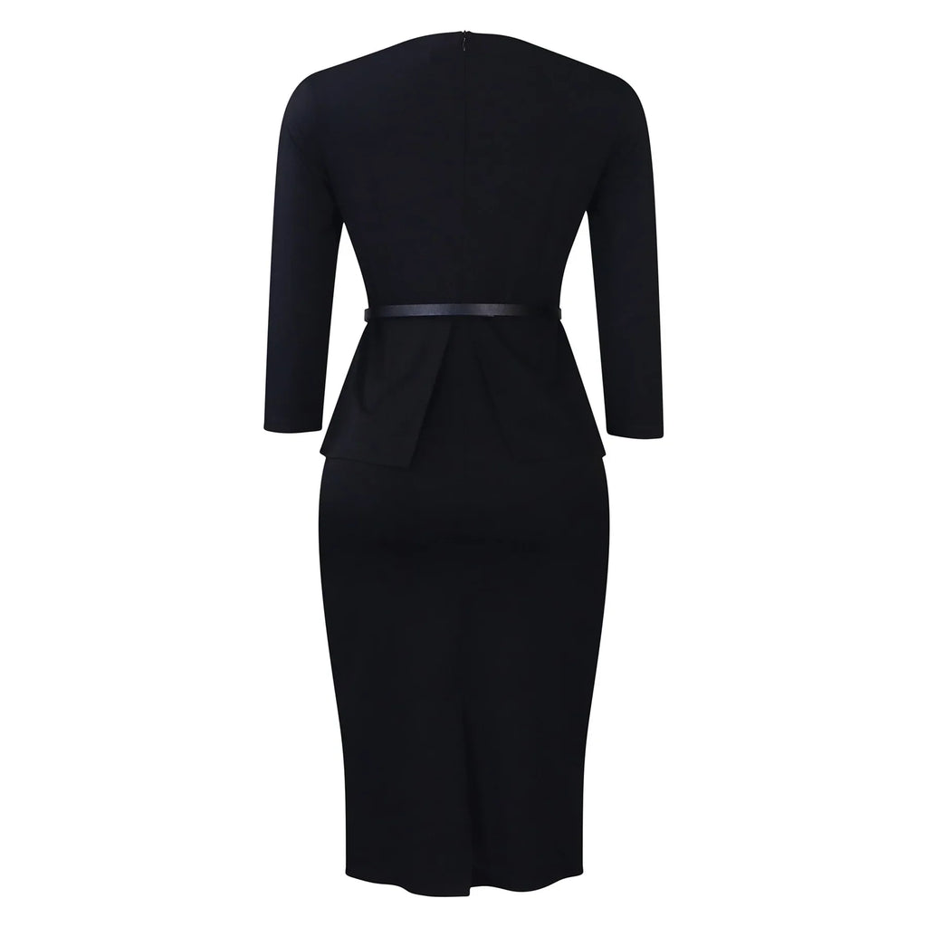 Women's Office Dress Sheath Belted Mid Calf Formal Wear