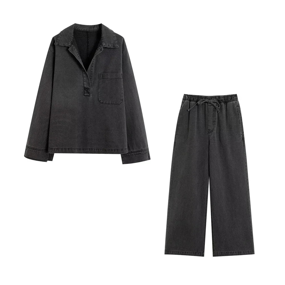 Women's Denim Loose Shirt with Pockets and High Elastic Waist Wide Leg Pants Two Piece Set