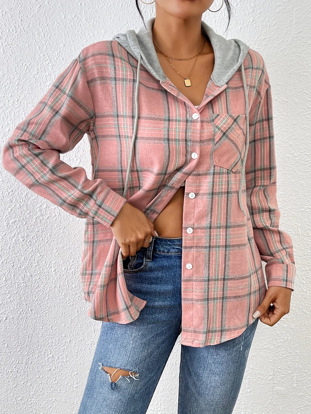 Women's Spring Autumn Hooded Plaid Shirt Loose Fit Casual Blouse Long Sleeve Office Top