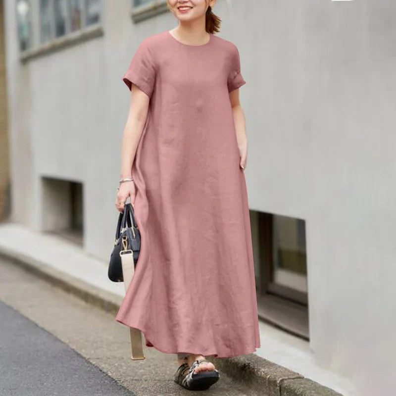 Summer Maxi Dress Women O Neck Short Sleeve Sundress A Line