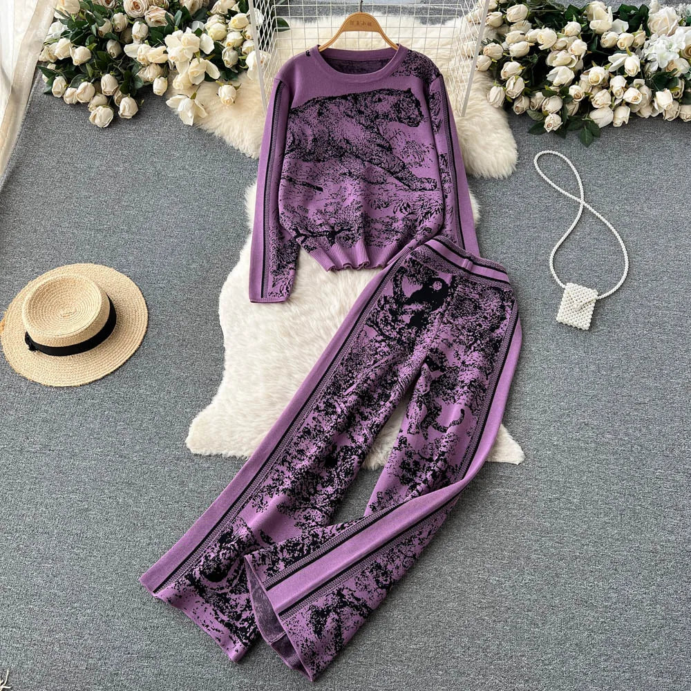 Casual Women Two Piece Knitted Tracksuit Set with Elegant Sweater and Pants for Winter Comfort