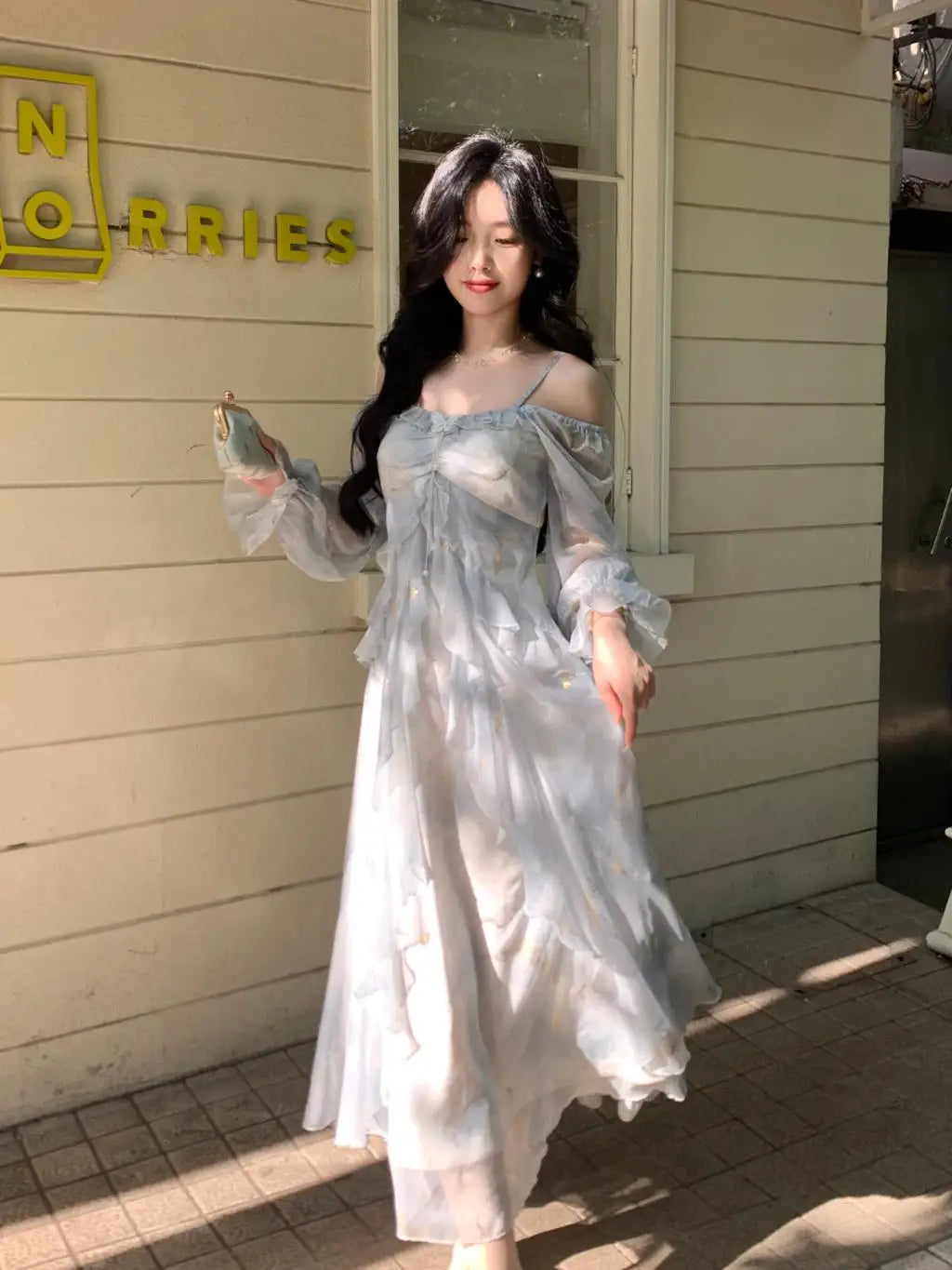 Off Shoulder Dress Ruffle A Line Long French Print