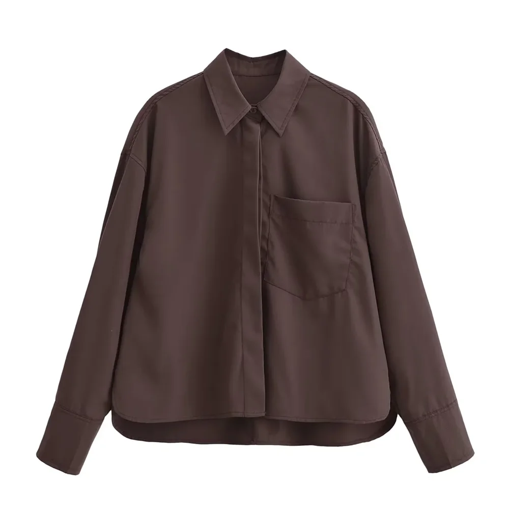 Women's Casual Poplin Shirt Top with Pocket Detail Lightweight Commuter Blouse Simple Elegant Autumn Wear