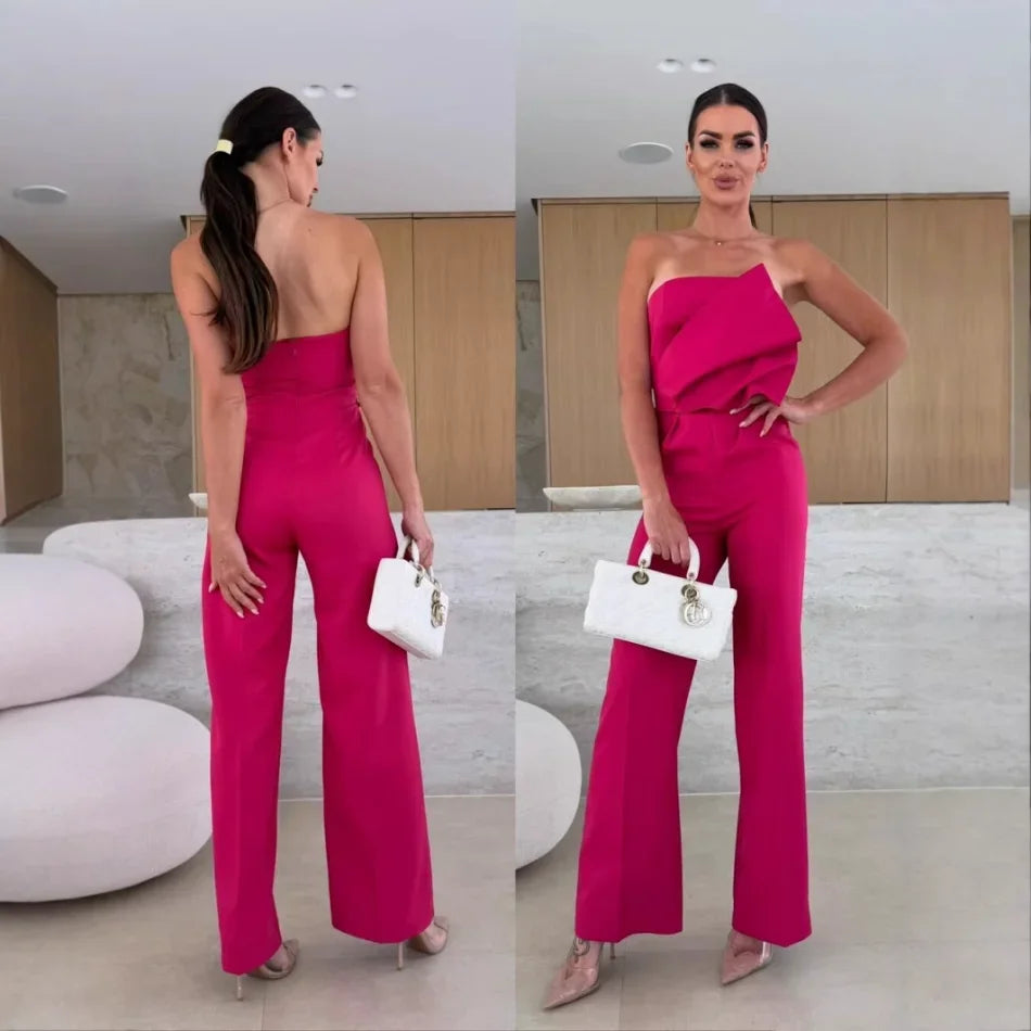 Women's Summer Jumpsuit Casual Office Wear Solid Color High-Waisted Wide-Leg Low Back Tight Fit Stylish Romper
