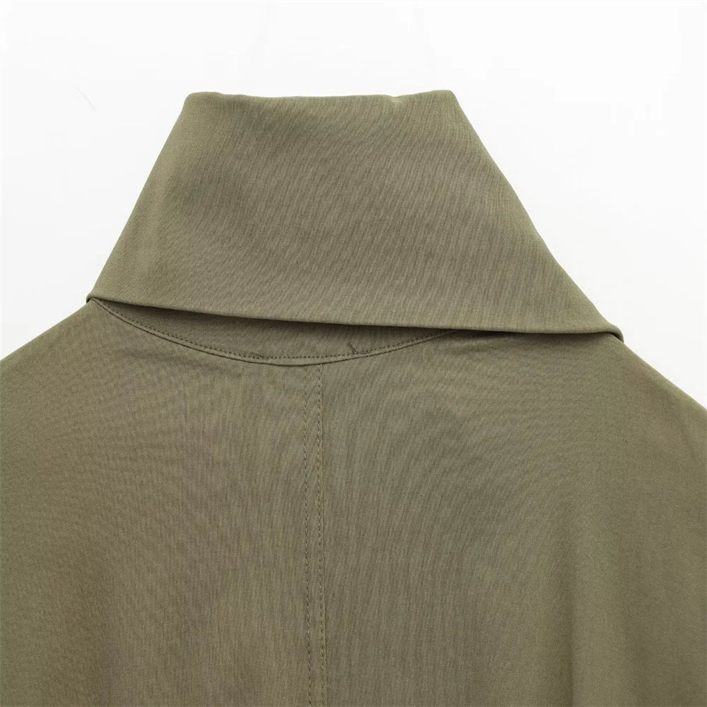 Olive Green Cowl Neck Asymmetric Zip Jacket with Elastic Waist Wide Leg Cargo Pants Set for Trendy Women's Fashion