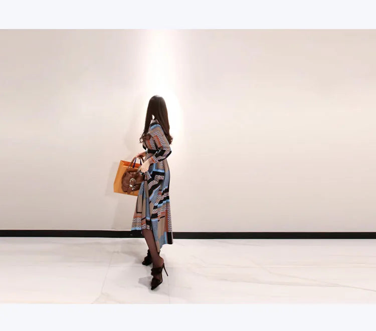 Vintage Print Long Shirt Dress For Women Ankle Length