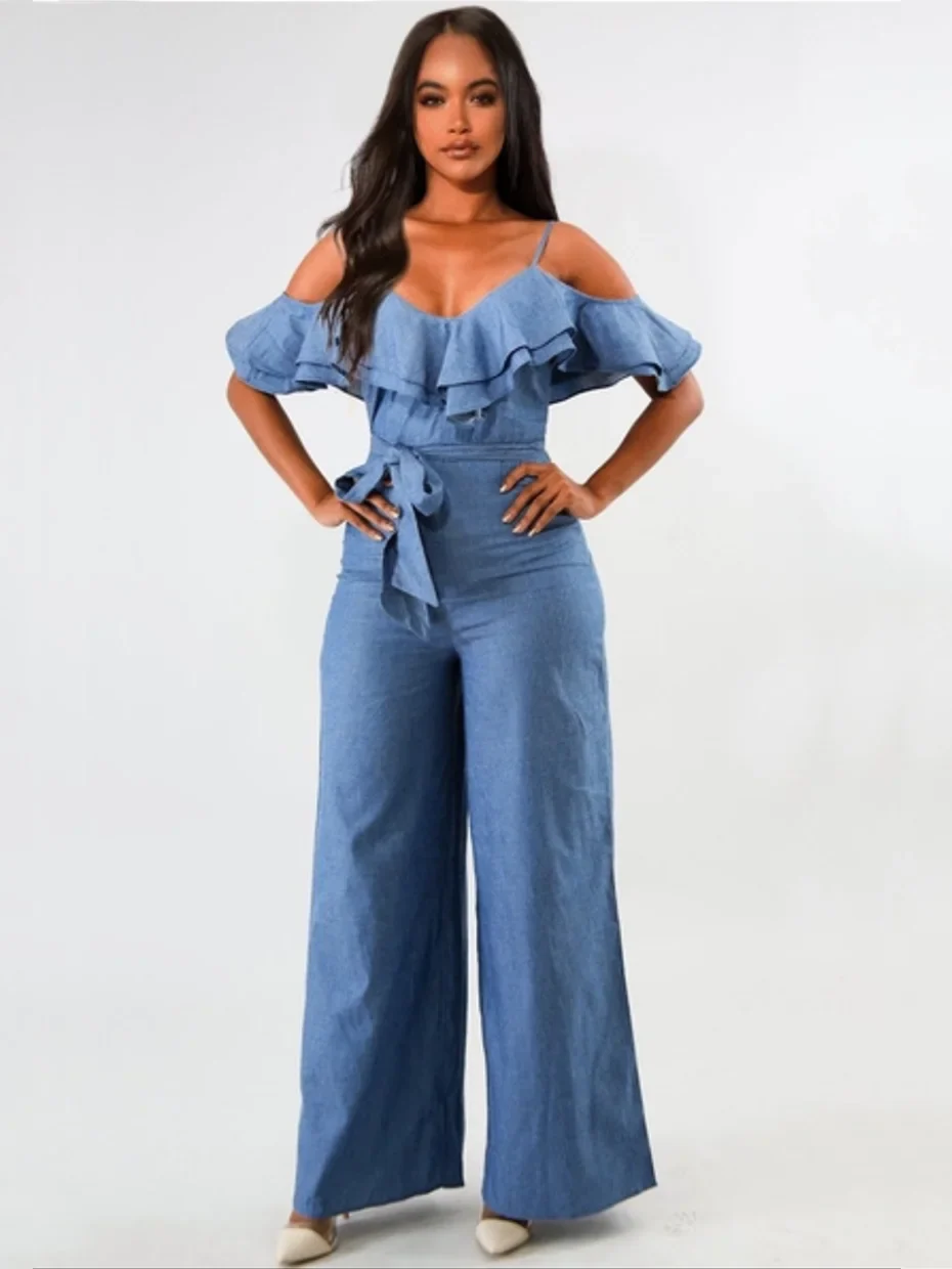 Womens Sexy Denim Jumpsuit with Ruffled Straps and Belt Loose Fit Long Pants Summer Casual Romper Outfit