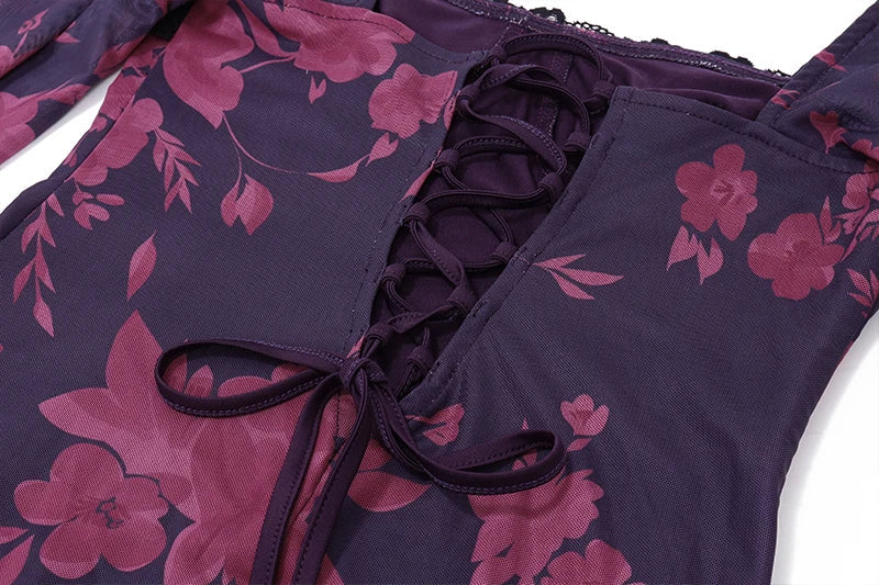 Mesh Long Sleeve Lace Patchwork Backless Evening Dress