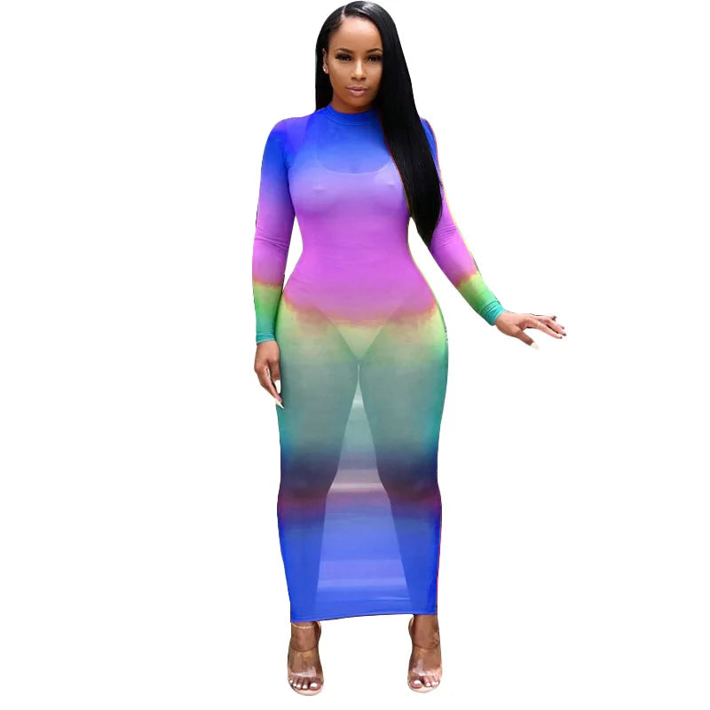 Rainbow Gradient Sheer O Neck Dress For Clubwear Nights