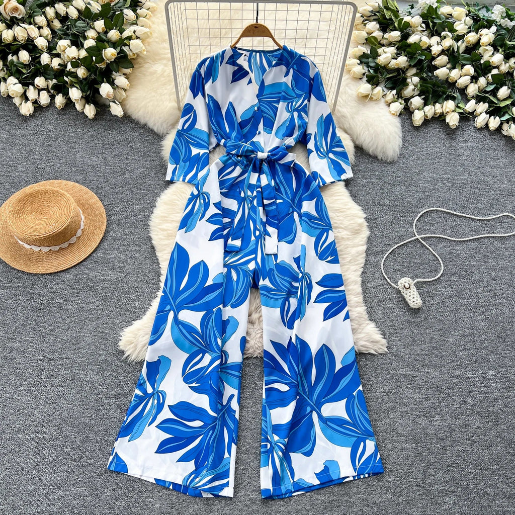 Women's Summer V-Neck Short Sleeve Lace-Up Waist Slim Fit Wide-Leg Printed Jumpsuit with Loose Straight Leg Design