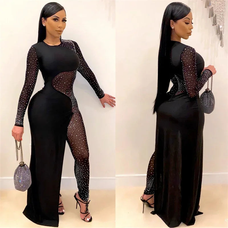 Elegant Rhinestone Long Sleeve Sheer Mesh Patchwork Skinny Jumpsuit Women's Luxury Night Party Club Romper Overalls Birthday Outfit