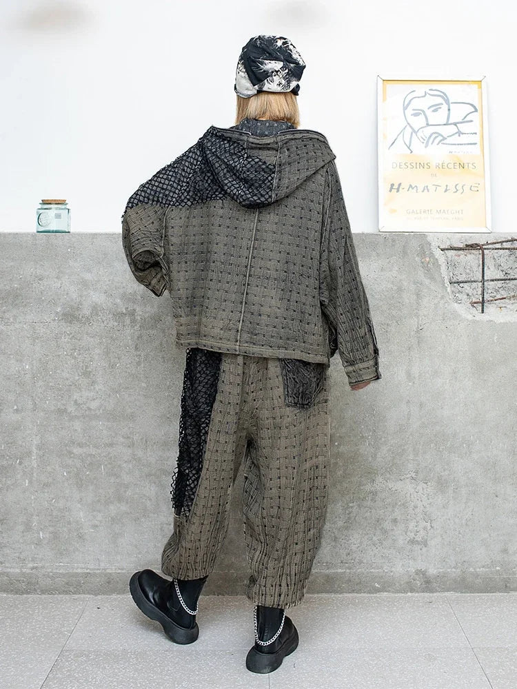 Vintage Denim Two Piece Women's Jacket and Pants Set with Hooded Coat and Casual Mesh Pants