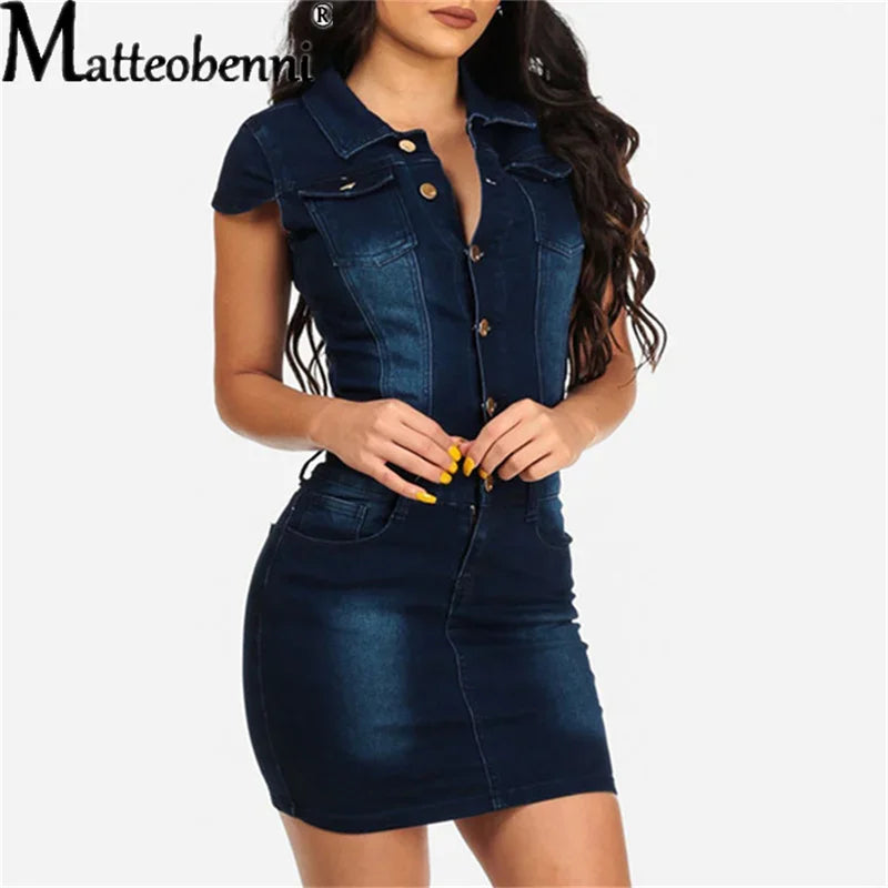 Denim Mini Dress For Women Short Sleeve Turn Down Collar