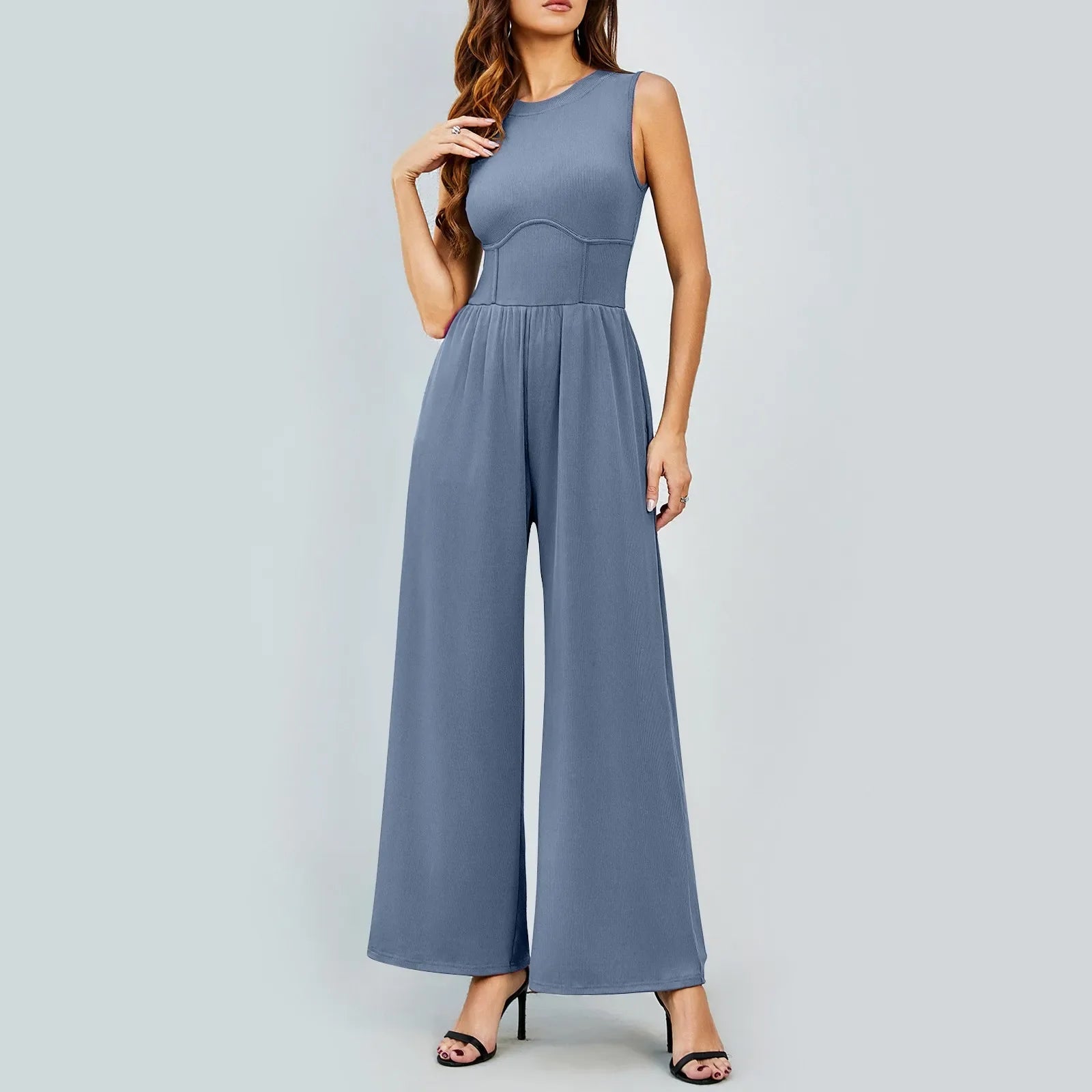 Women Sleeveless High Neck Ribbed Tank Top Jumpsuit Wide Leg Pants Romper with Tummy Control and High Waist Casual Summer Outfit
