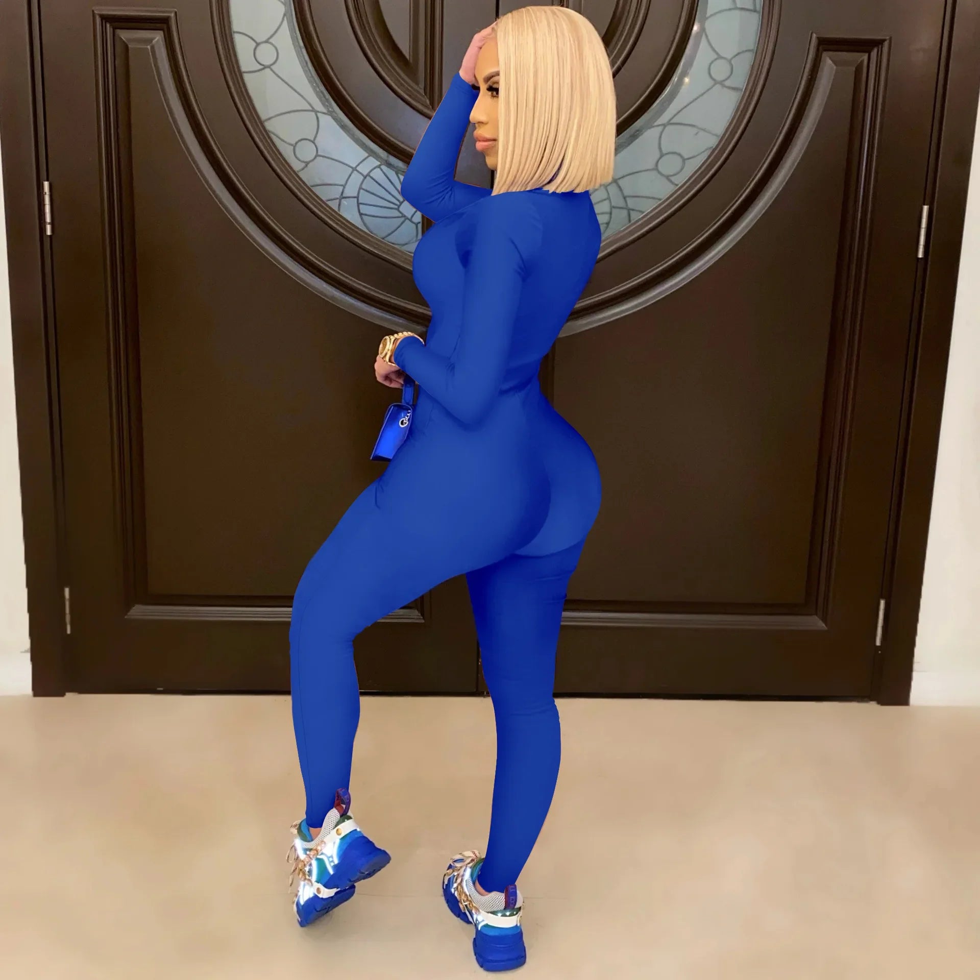 Women's Bodycon One-Piece Jumpsuit with Long Sleeves and Large Front Zipper Casual Sporty Skinny Workout Overalls Top