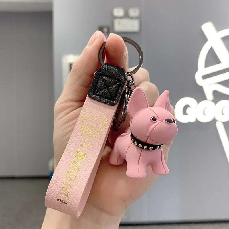 Punk French Bulldog Keychain PU Leather Dog Bag Pendant for Women and Men Car Key Ring