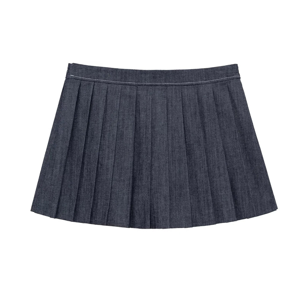 Casual Denim Loose Fit Women Suit Set with O Neck Zipper Bomber Jacket and Pleated Mini Skirt Vintage Inspired Spring Summer Fashion Ensemble