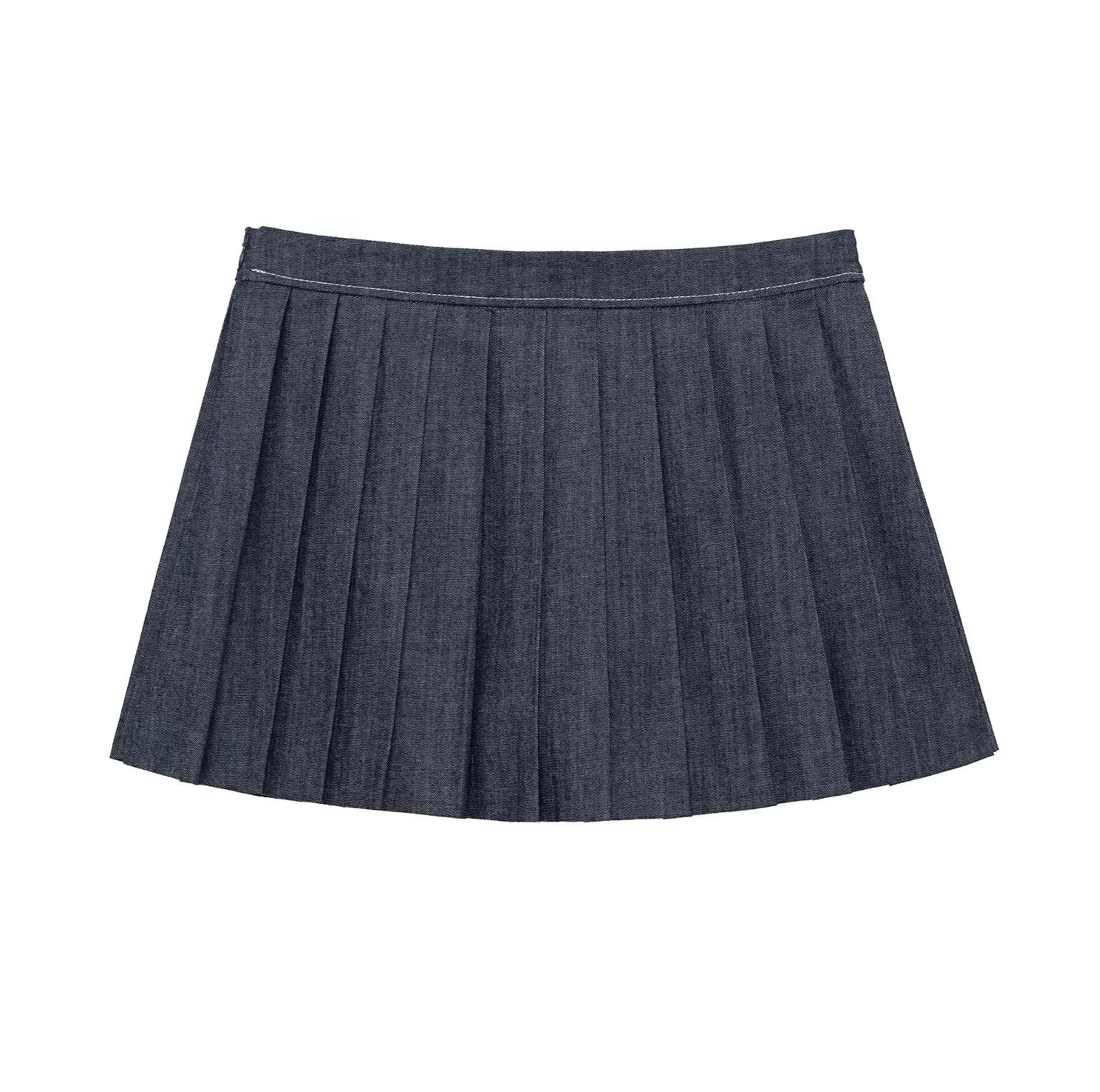 Casual Denim Loose Fit Women Suit Set with O Neck Zipper Bomber Jacket and Pleated Mini Skirt Vintage Inspired Spring Summer Fashion Ensemble