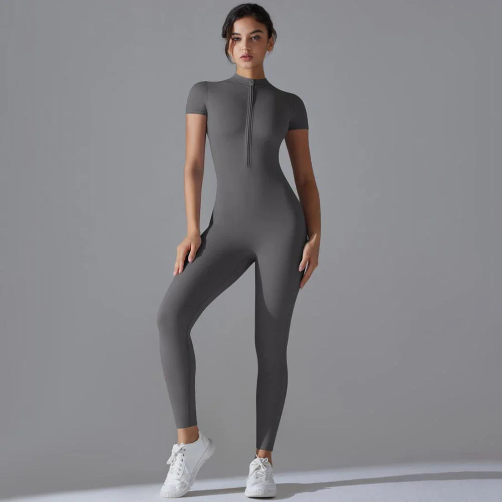 Womens Short Sleeve Yoga Jumpsuit Slim Fit Stretch One Piece Romper with Front Zipper Sexy Fitness Activewear Basic Sportwear in Black