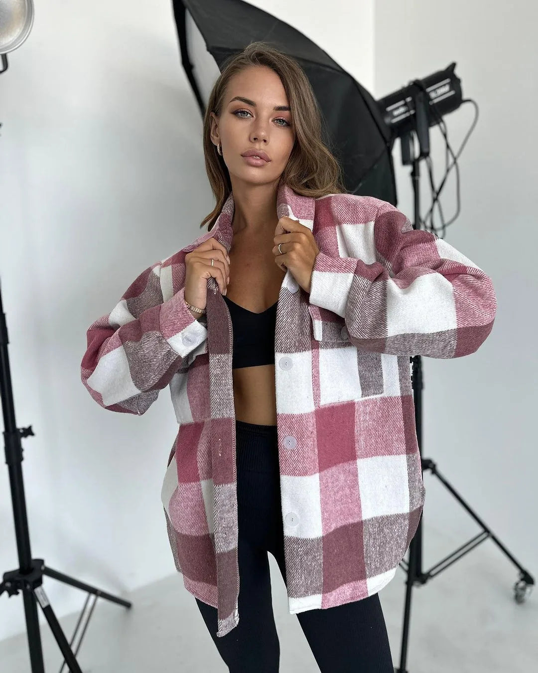 Women's Flannel Lapel Plaid Shirt Jacket Long Sleeve Button Down Thin Warm Coat Blouse for Autumn Casual Wear