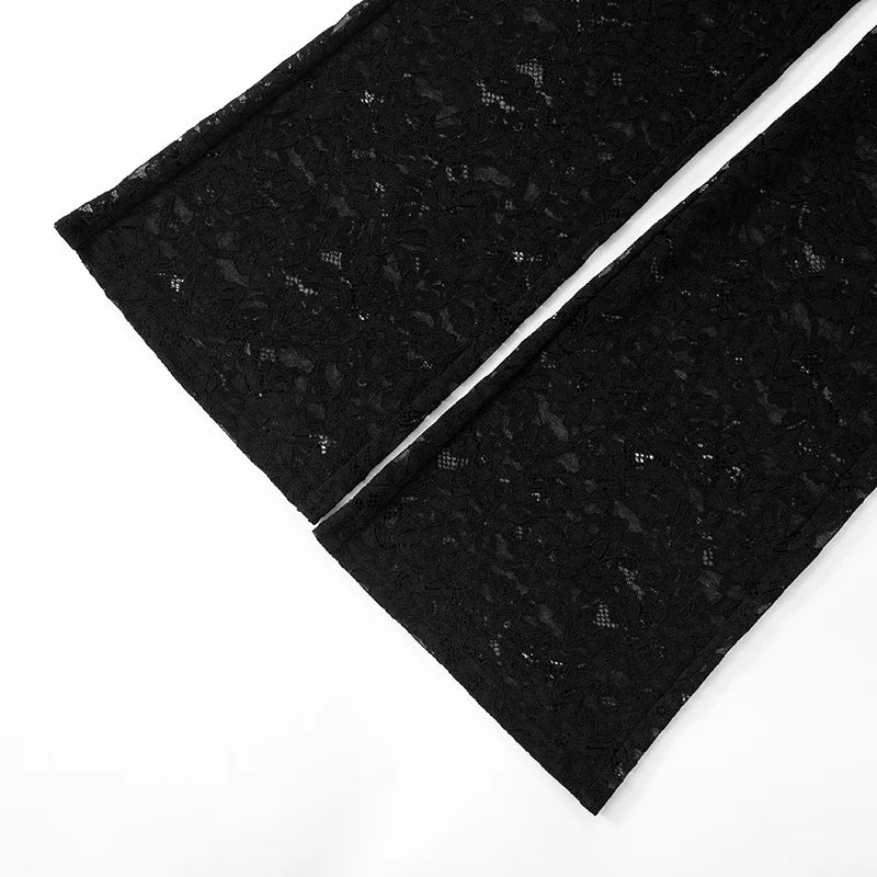 Solid Color Smocked Lace Splicing See-Through Strappy Jumpsuit Pants Sexy Nightclub Evening Party Outfit for Women