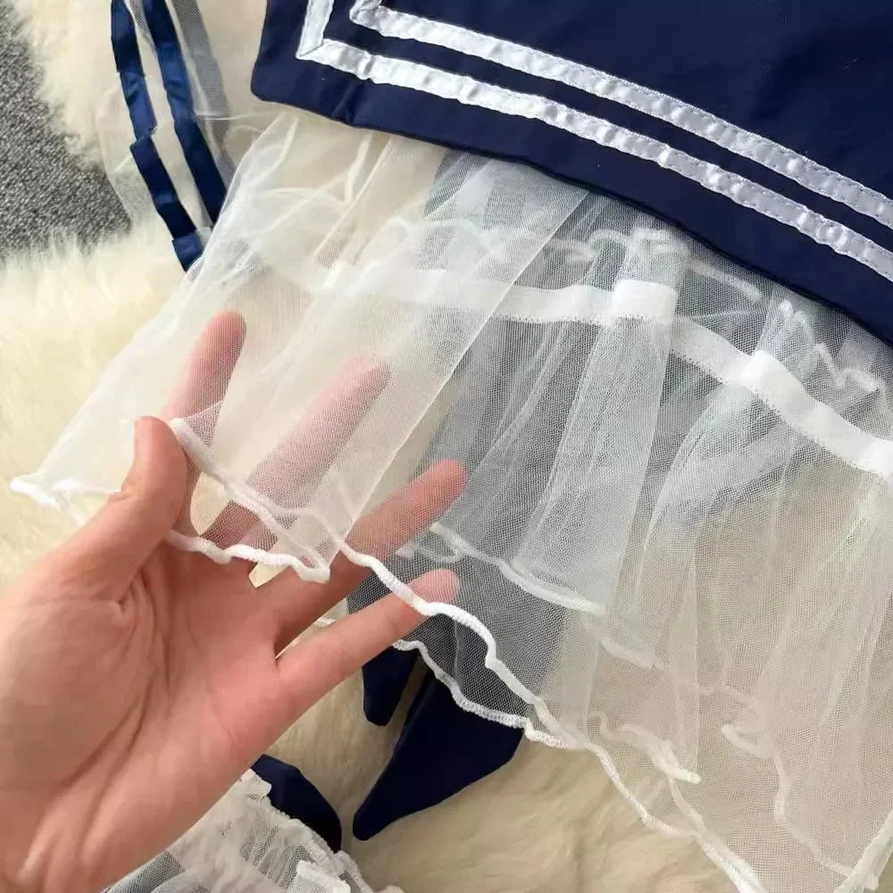 Women Sexy Sheer Transparent Sailor Suit Set Short Sleeve Top With Bow Mini Skirt Sweet Kawaii Cosplay Uniform Pajama